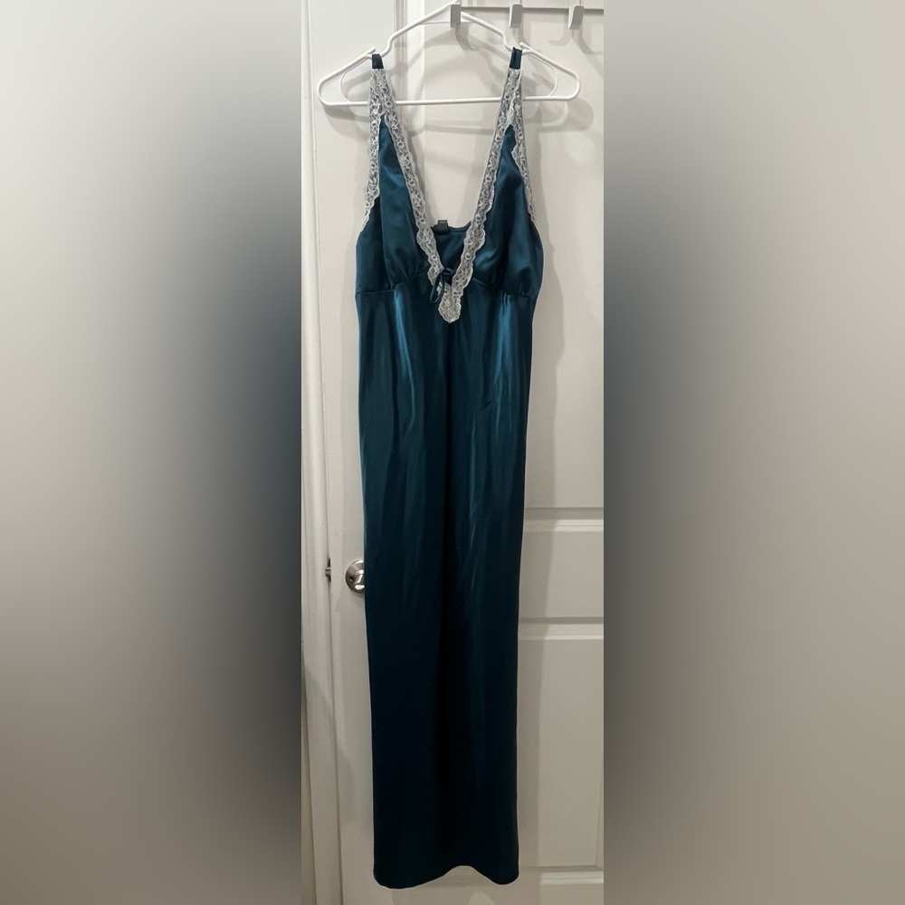 Elegant dark teal nightgown with a low V Lace Trim.